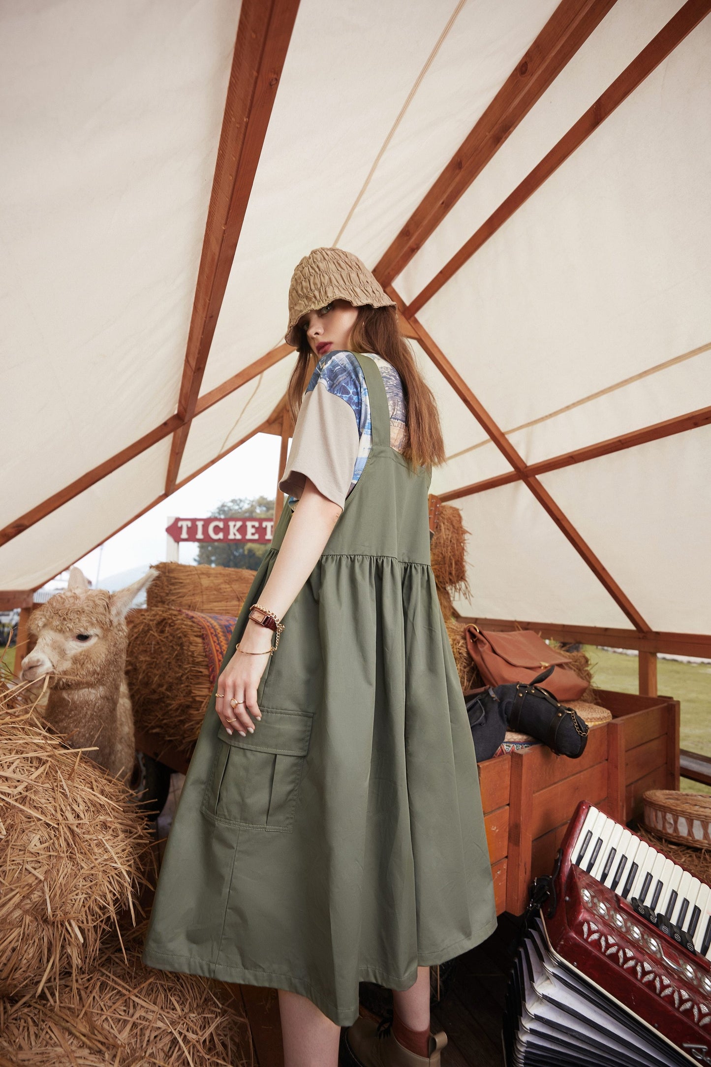 Army Green Casual Vintage Overall Dresses