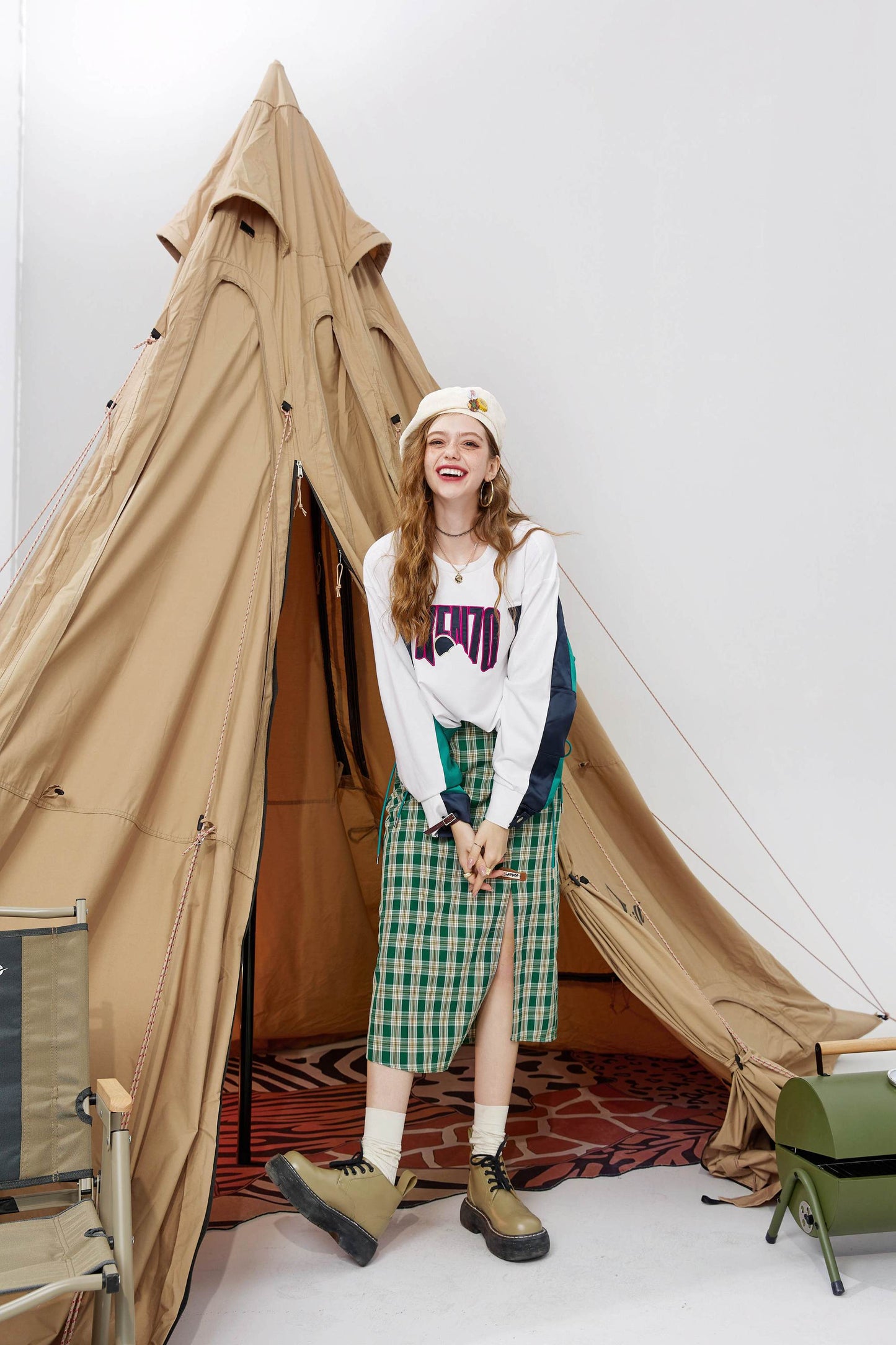 Plaid British High Waist Casual Women Midi Skirts,Autumn Chic Split