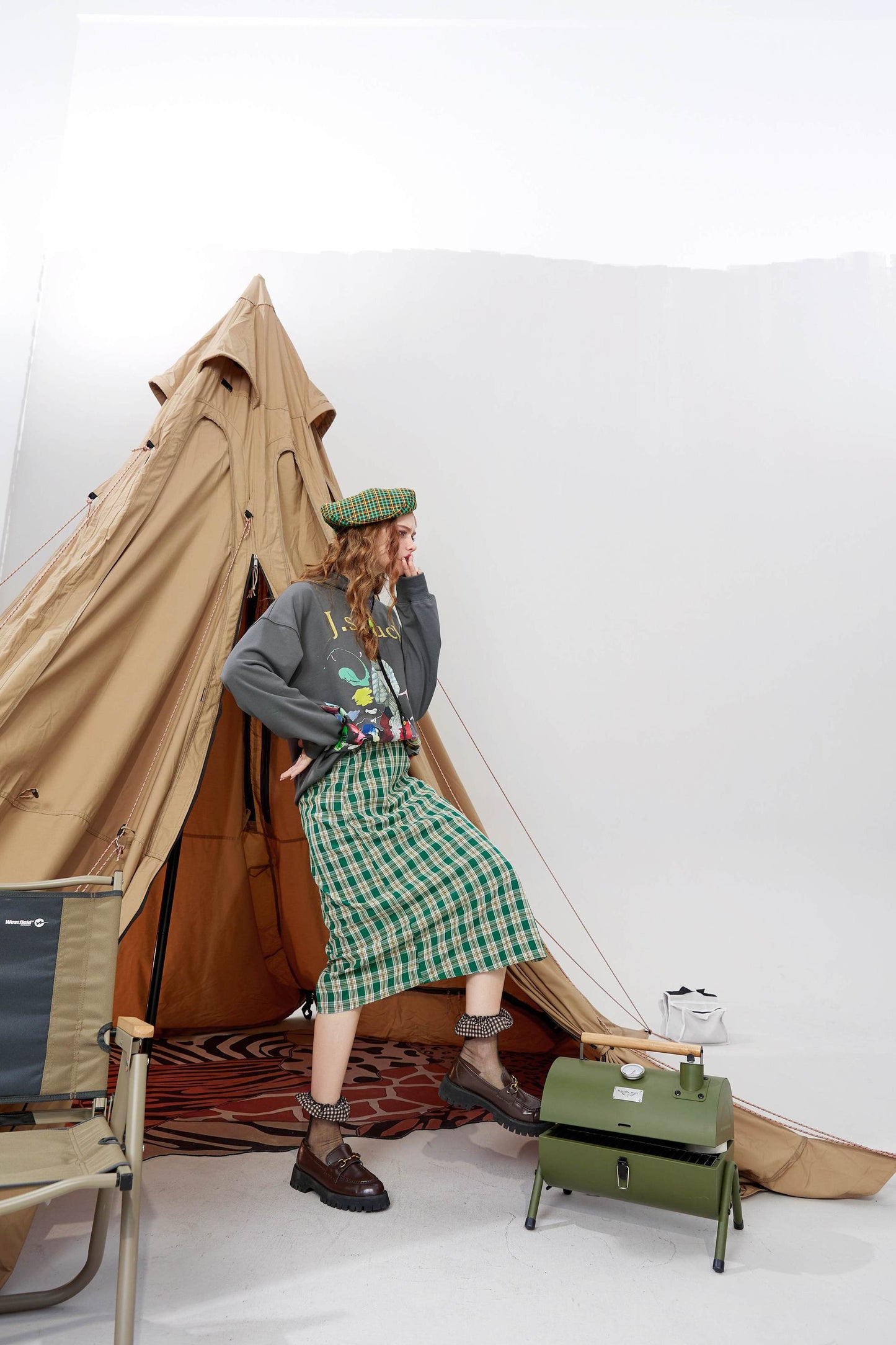 Plaid British High Waist Casual Women Midi Skirts,Autumn Chic Split