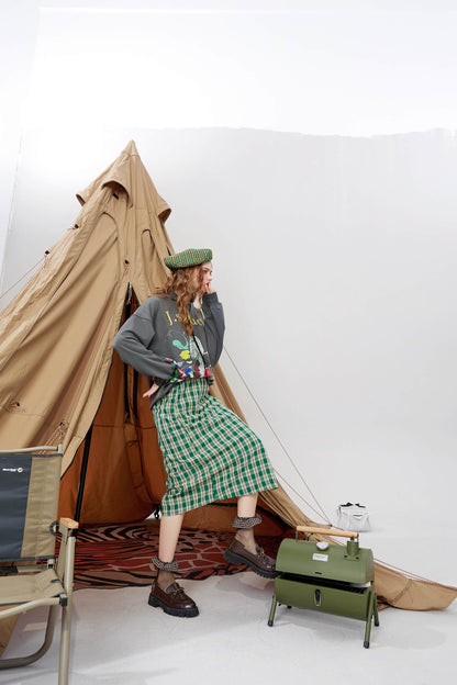 Plaid British High Waist Casual Women Midi Skirts,Autumn Chic Split