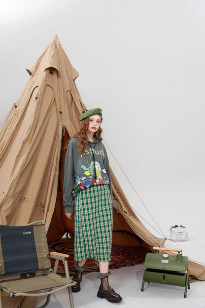 Plaid British High Waist Casual Women Midi Skirts,Autumn Chic Split