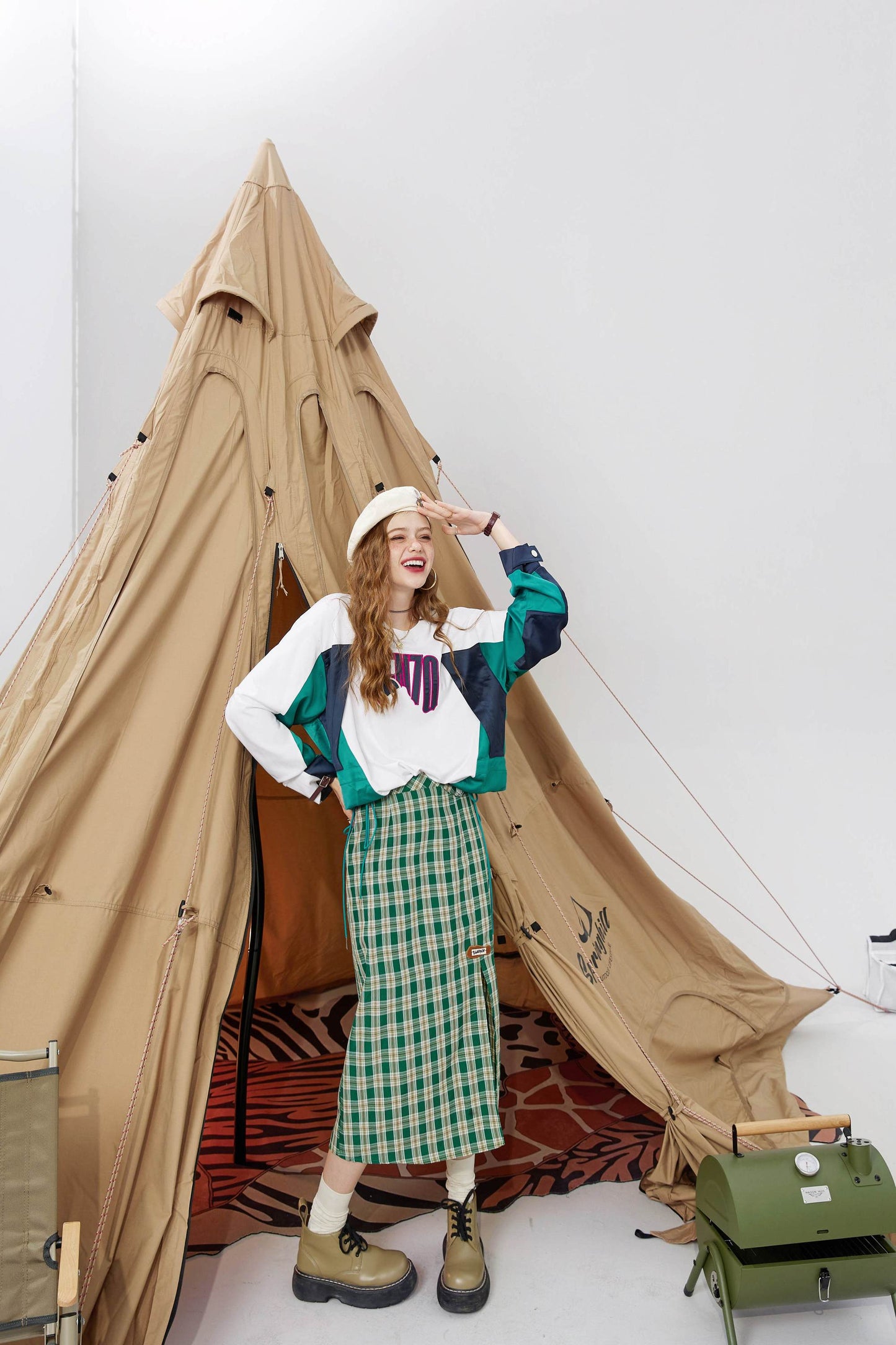 Plaid British High Waist Casual Women Midi Skirts,Autumn Chic Split