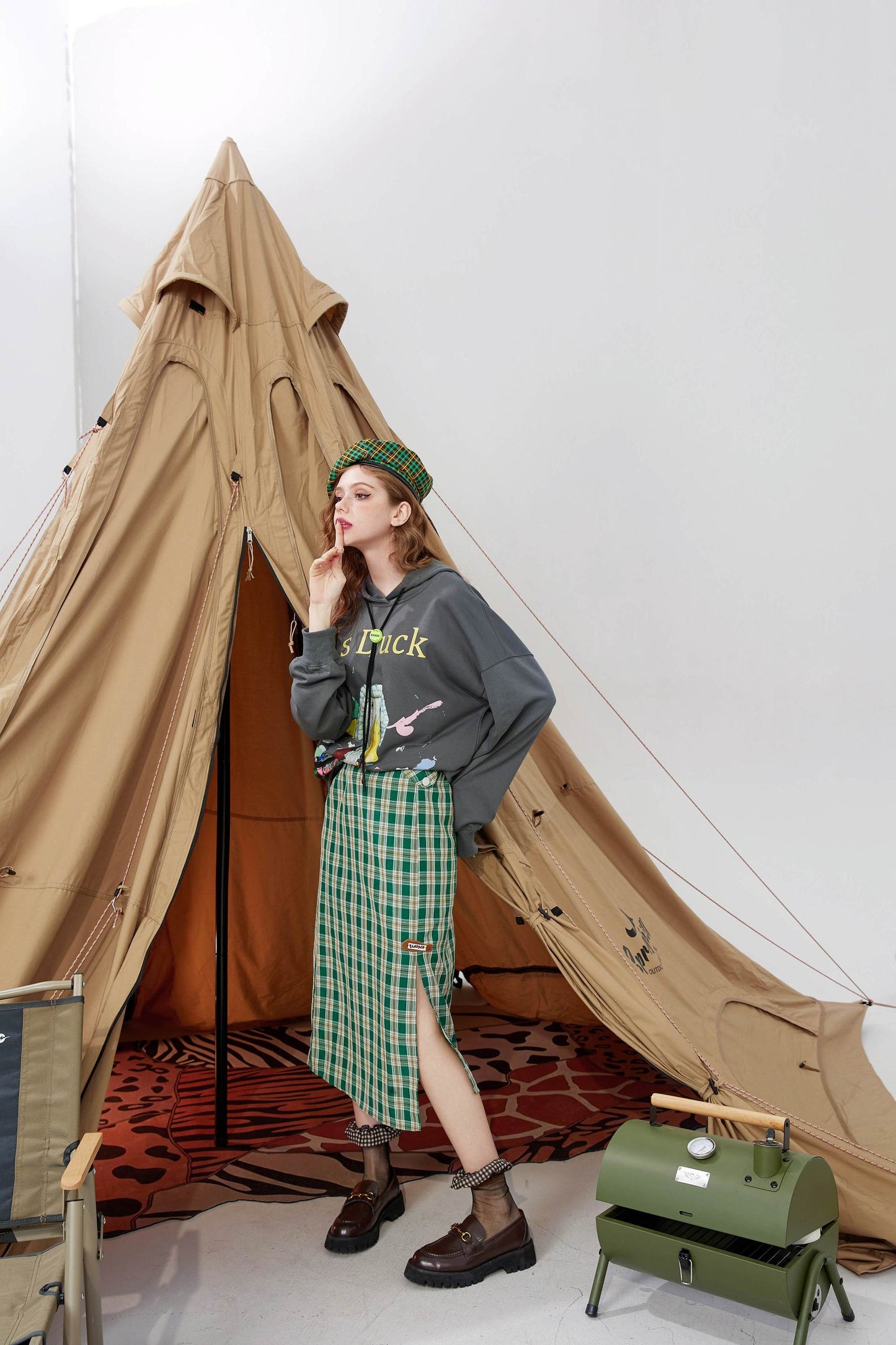 Plaid British High Waist Casual Women Midi Skirts,Autumn Chic Split