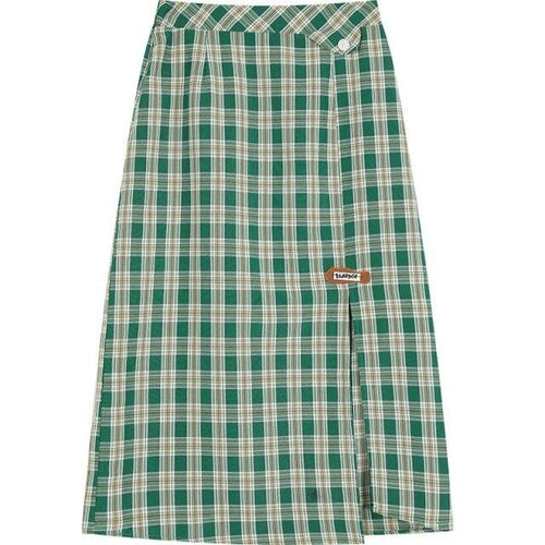 Plaid British High Waist Casual Women Midi Skirts,Autumn Chic Split