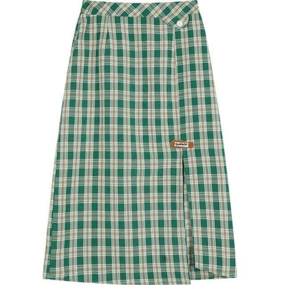 Plaid British High Waist Casual Women Midi Skirts,Autumn Chic Split