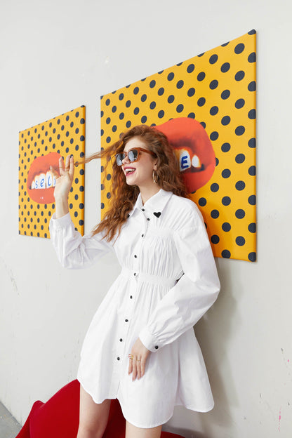 Solid Chic Button Casual Vintage Shirt Dresses Women,Autumn Korean