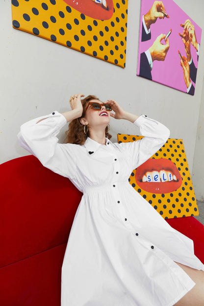 Solid Chic Button Casual Vintage Shirt Dresses Women,Autumn Korean