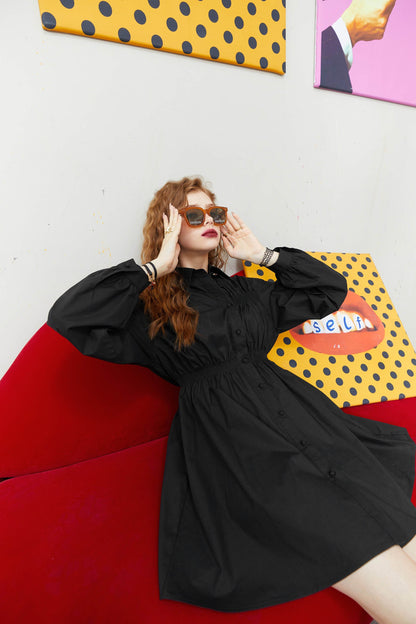 Solid Chic Button Casual Vintage Shirt Dresses Women,Autumn Korean