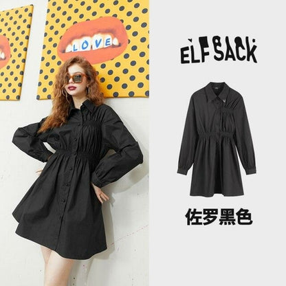 Solid Chic Button Casual Vintage Shirt Dresses Women,Autumn Korean