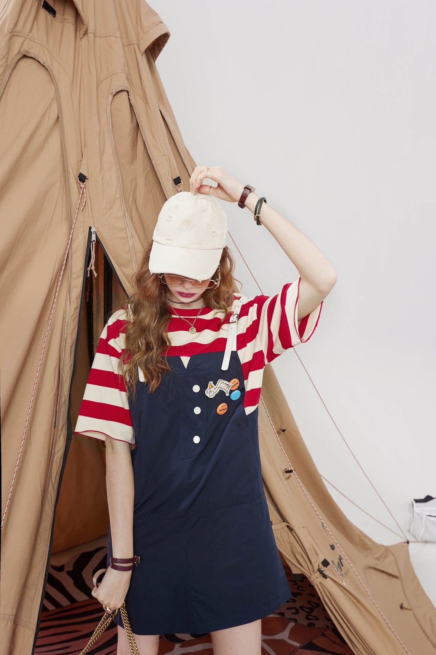 Striped Applique High Waist Casual Vintage Overall Dresses