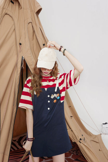 Striped Applique High Waist Casual Vintage Overall Dresses
