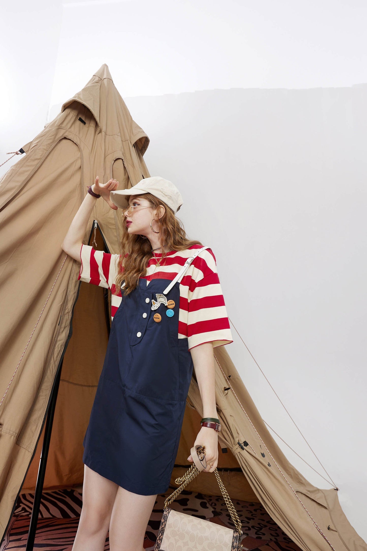 Striped Applique High Waist Casual Vintage Overall Dresses