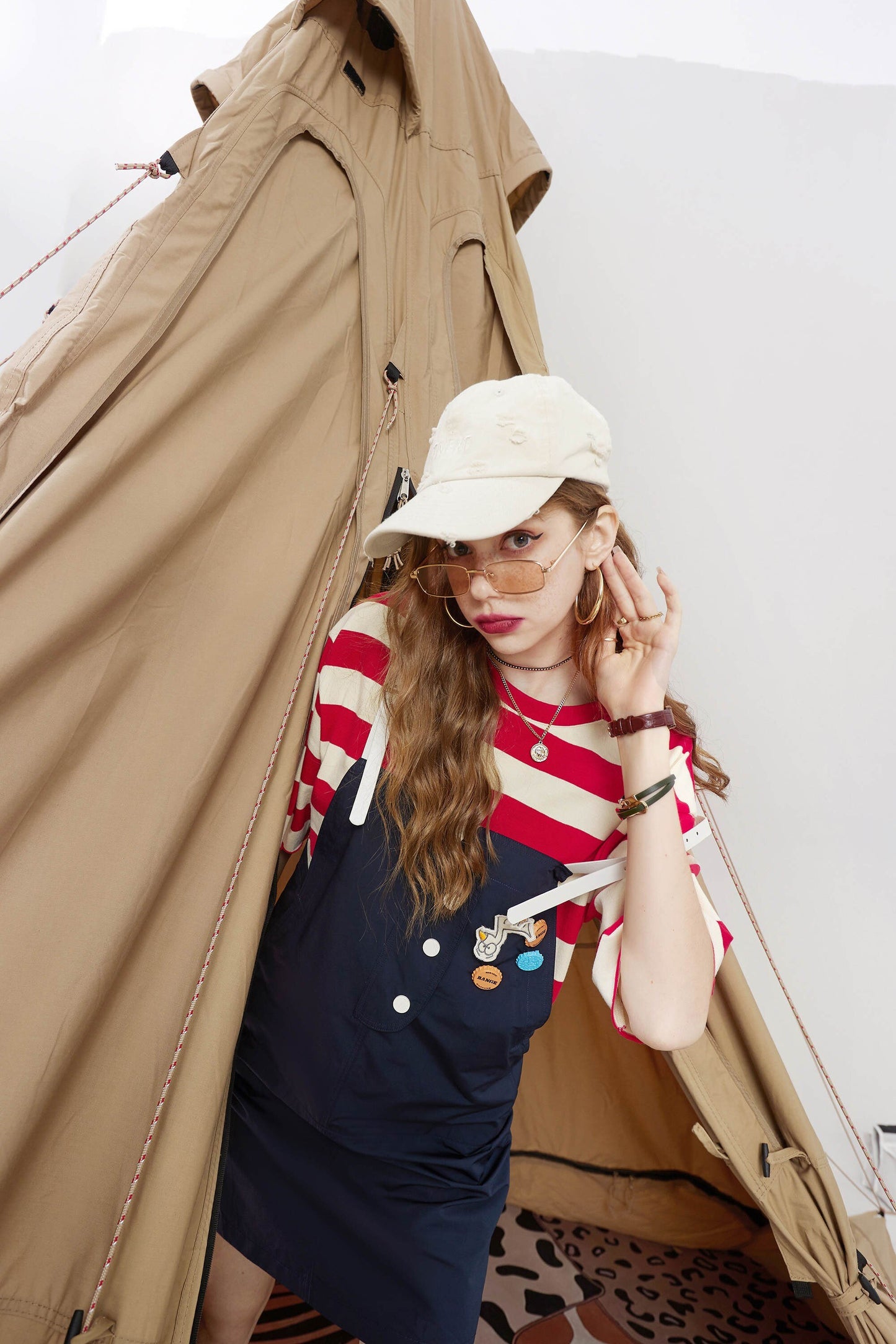 Striped Applique High Waist Casual Vintage Overall Dresses