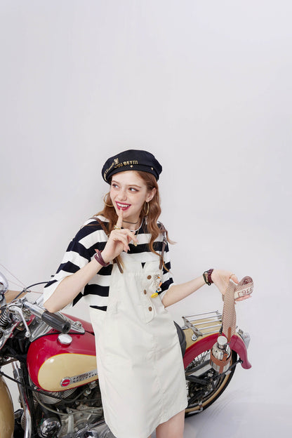 Striped Applique High Waist Casual Vintage Overall Dresses