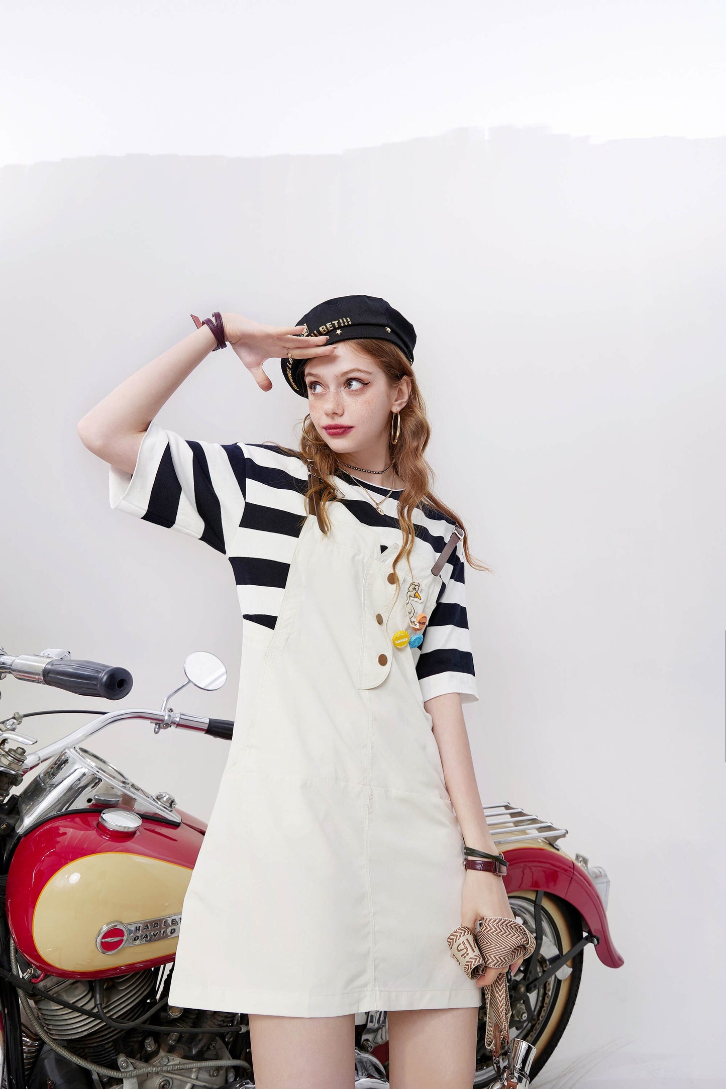 Striped Applique High Waist Casual Vintage Overall Dresses