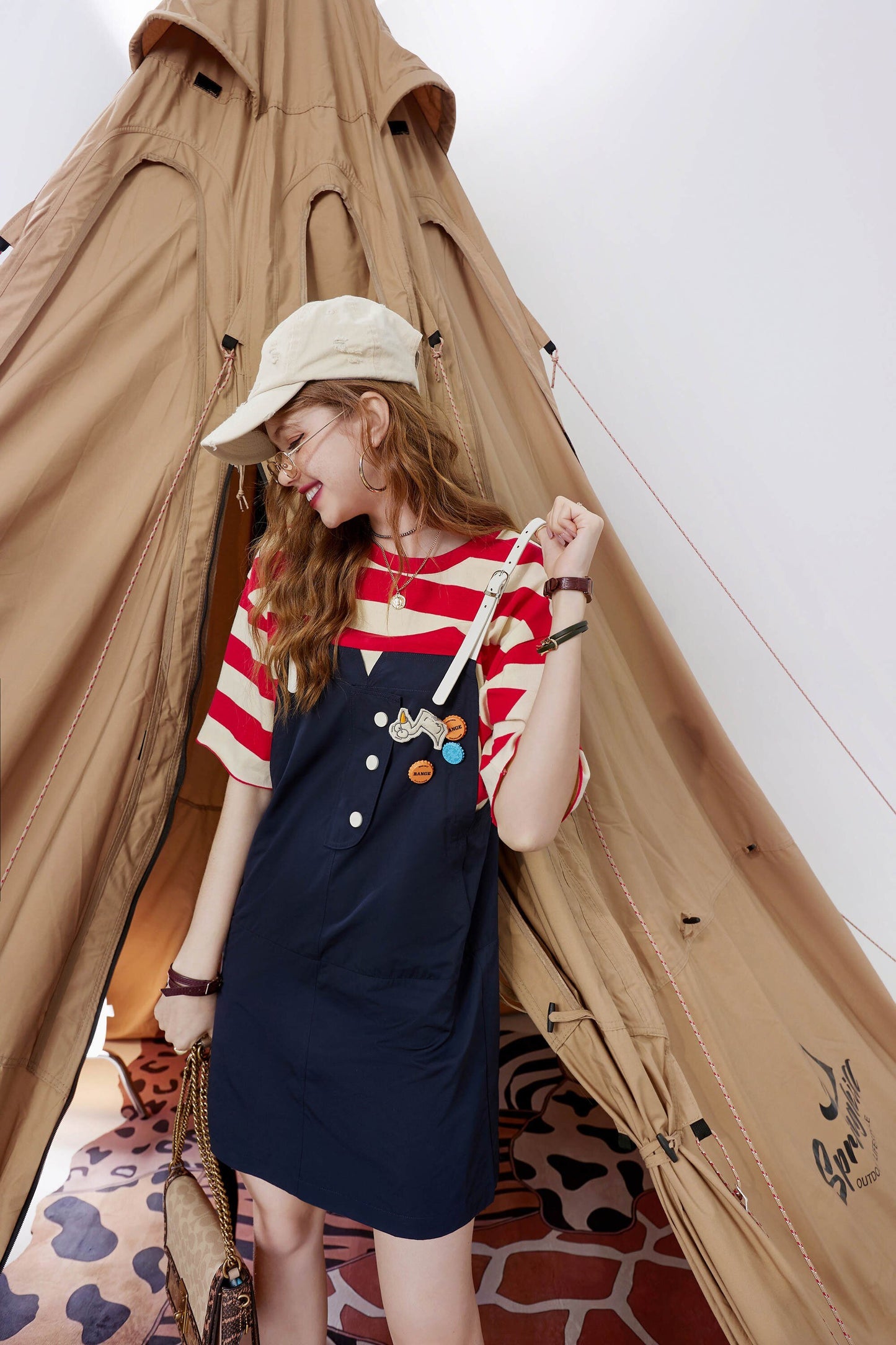 Striped Applique High Waist Casual Vintage Overall Dresses