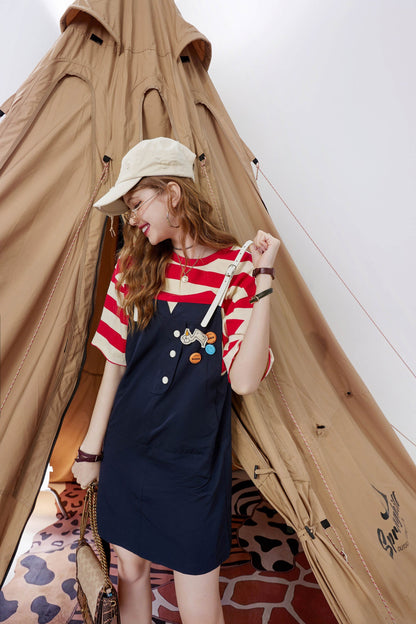 Striped Applique High Waist Casual Vintage Overall Dresses