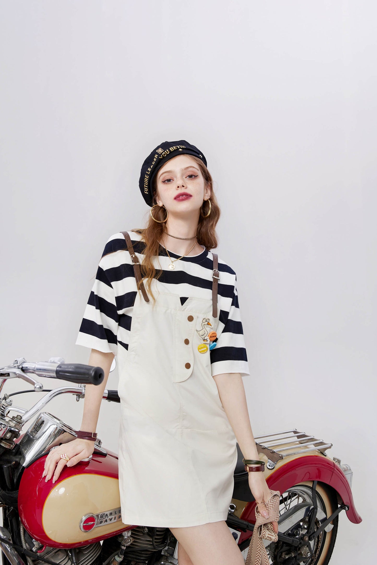 Striped Applique High Waist Casual Vintage Overall Dresses