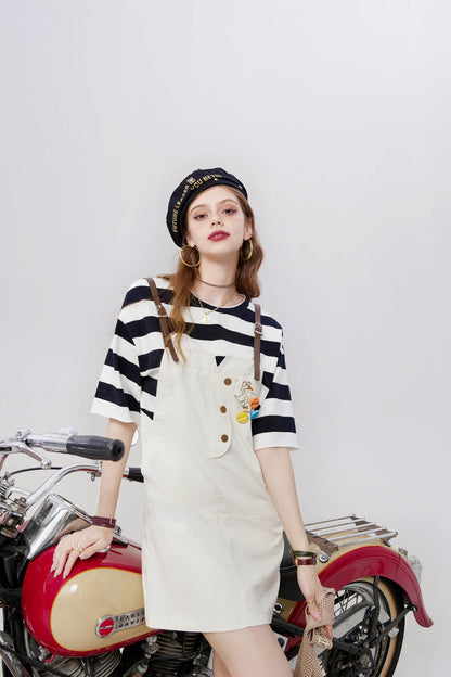 Striped Applique High Waist Casual Vintage Overall Dresses