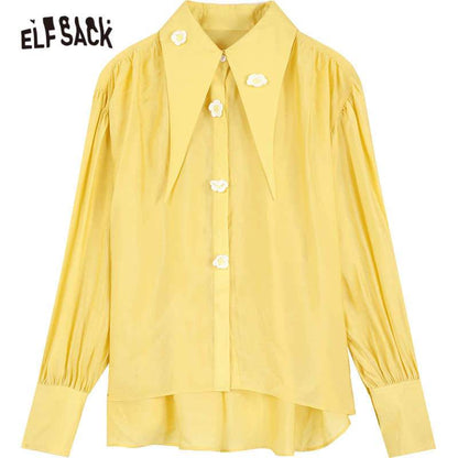 Solid Pure Chic Floral Single Breasted Casual Shirt Women,Autumn