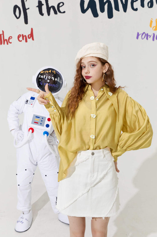 Solid Pure Chic Floral Single Breasted Casual Shirt Women,Autumn