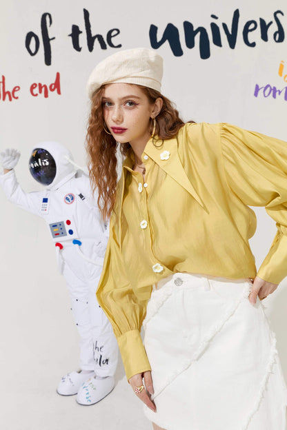 Solid Pure Chic Floral Single Breasted Casual Shirt Women,Autumn