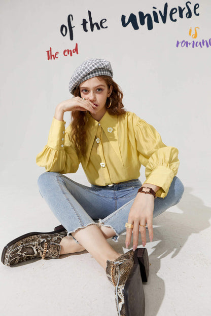 Solid Pure Chic Floral Single Breasted Casual Shirt Women,Autumn