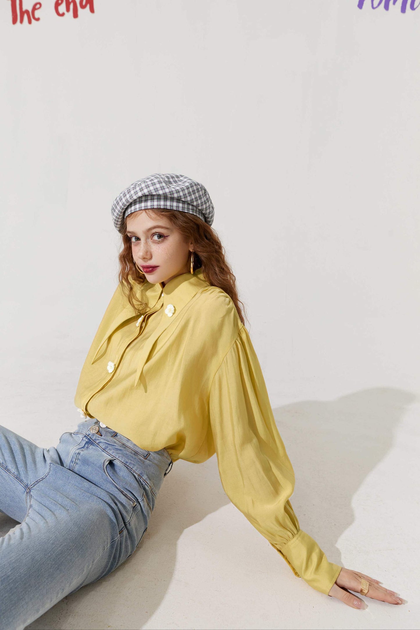 Solid Pure Chic Floral Single Breasted Casual Shirt Women,Autumn