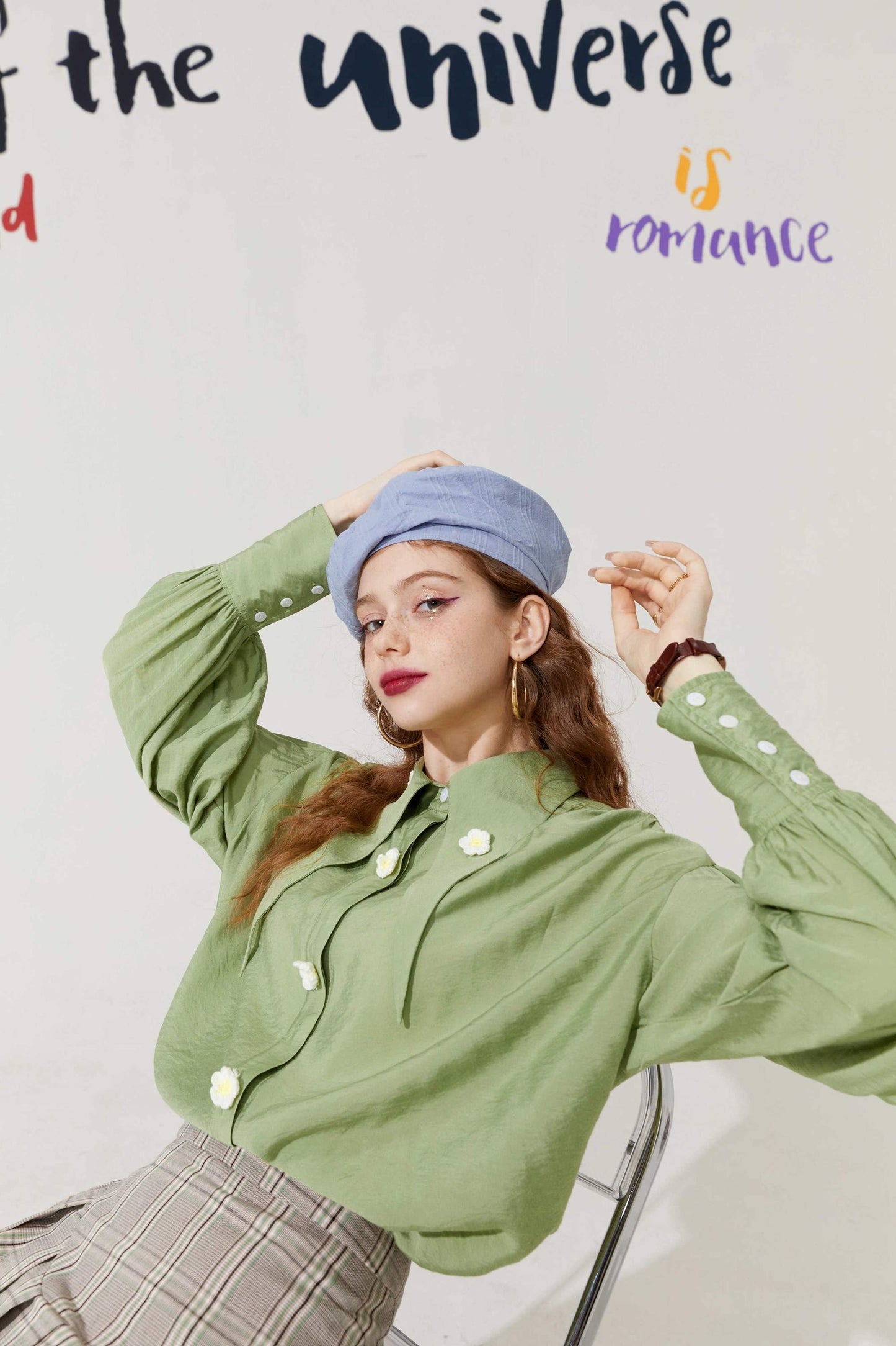 Solid Pure Chic Floral Single Breasted Casual Shirt Women,Autumn