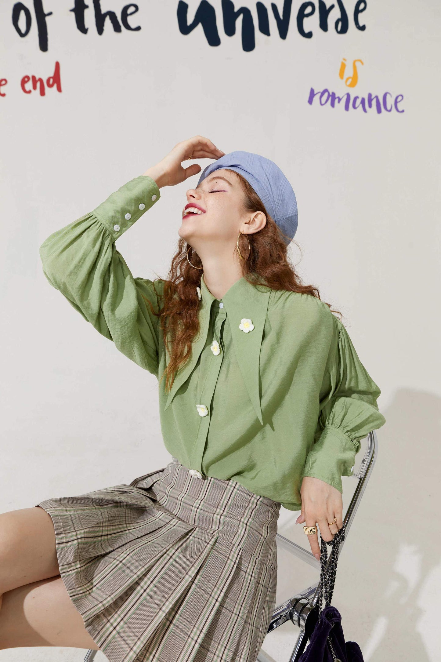 Solid Pure Chic Floral Single Breasted Casual Shirt Women,Autumn