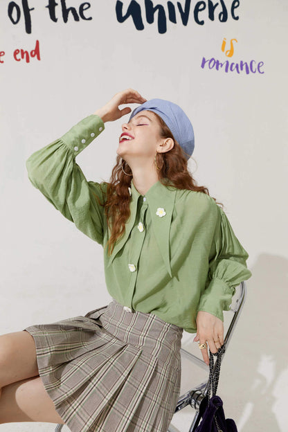 Solid Pure Chic Floral Single Breasted Casual Shirt Women,Autumn