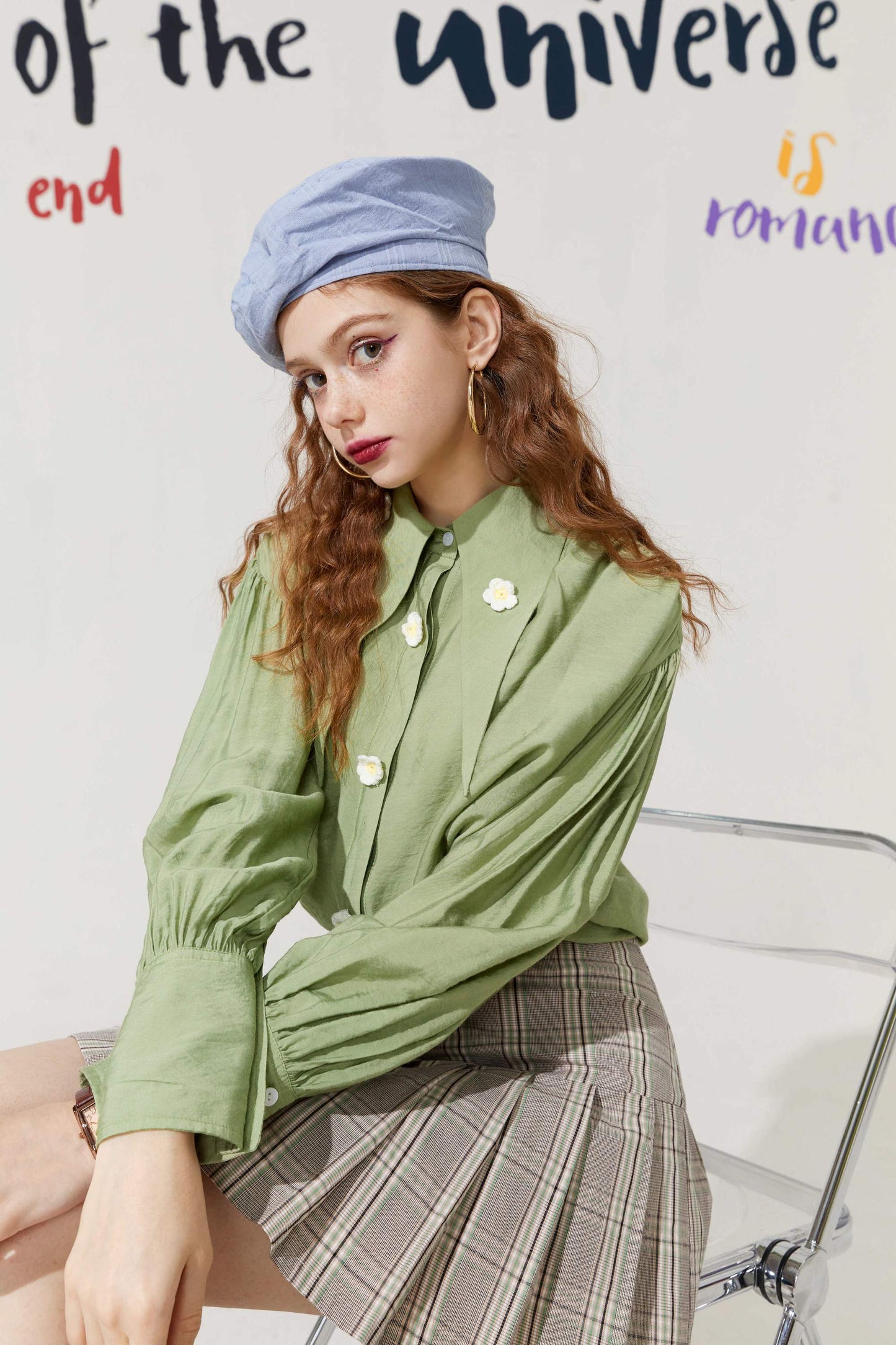 Solid Pure Chic Floral Single Breasted Casual Shirt Women,Autumn