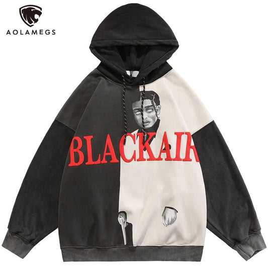 Hoodie Men Cool Man Color Block Print Pullover Winter Plus Velvet Cozy