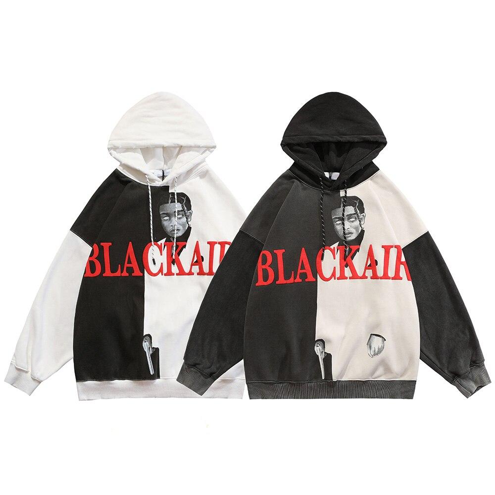 Hoodie Men Cool Man Color Block Print Pullover Winter Plus Velvet Cozy
