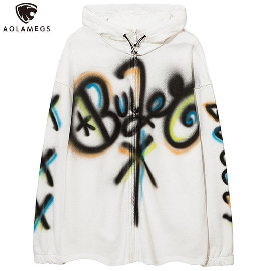 Hoodies Men Colorful Graffiti Letter Hooded Pullovers College Style