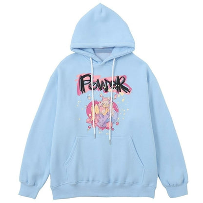 Hoodies Men Cartoon Comics Girl Letter Graffiti Fleece Pullovers