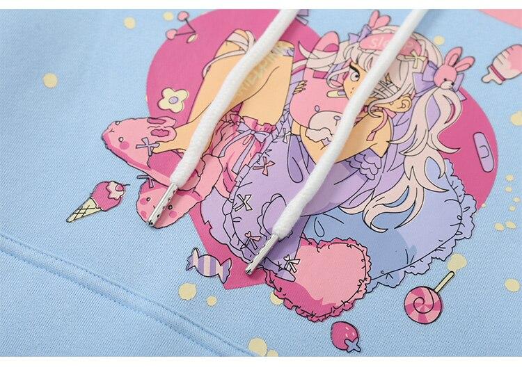 Hoodies Men Cartoon Comics Girl Letter Graffiti Fleece Pullovers