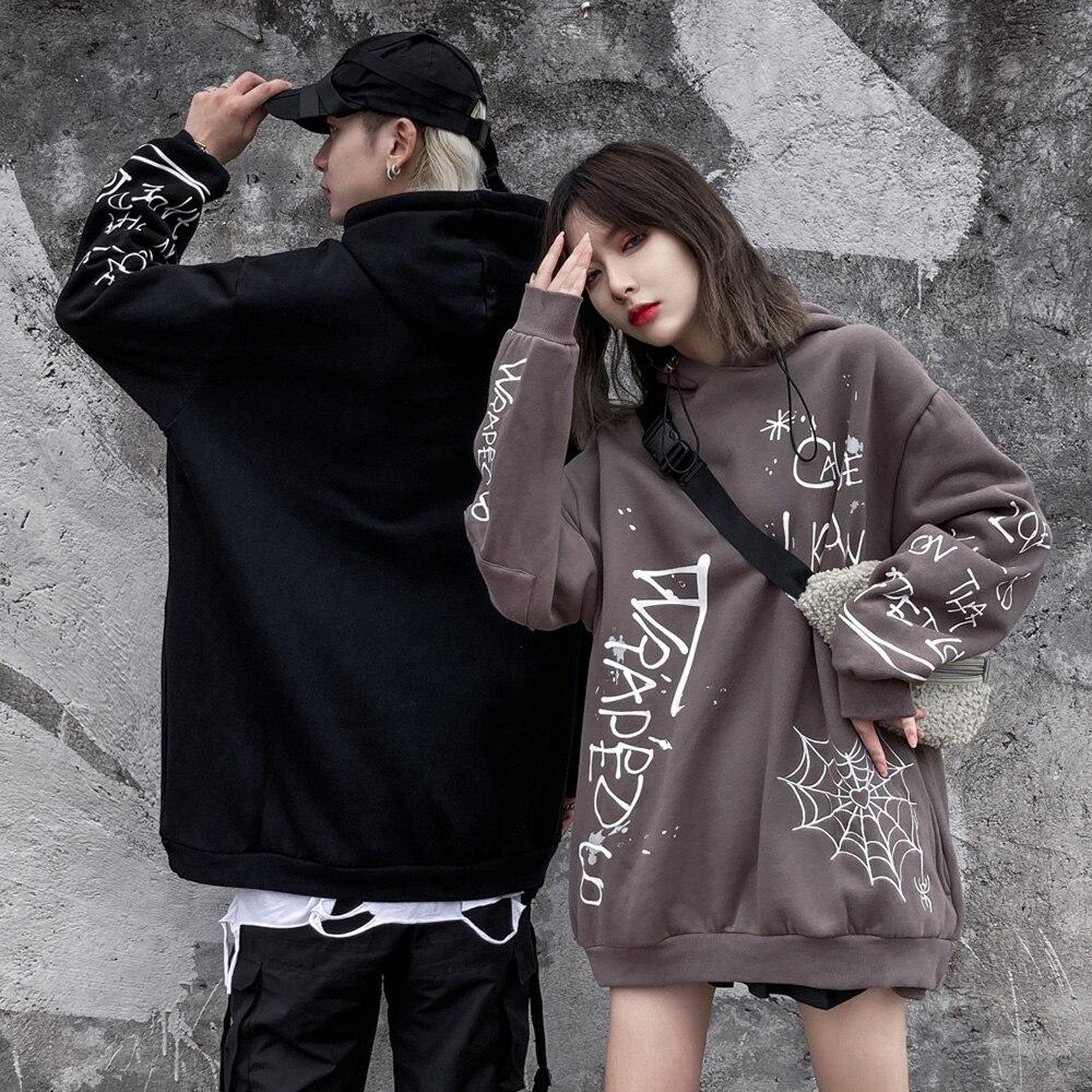 Hoodie Men Harajuku Letter Inkjet Heart-shaped Net Print Pullovers