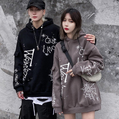 Hoodie Men Harajuku Letter Inkjet Heart-shaped Net Print Pullovers