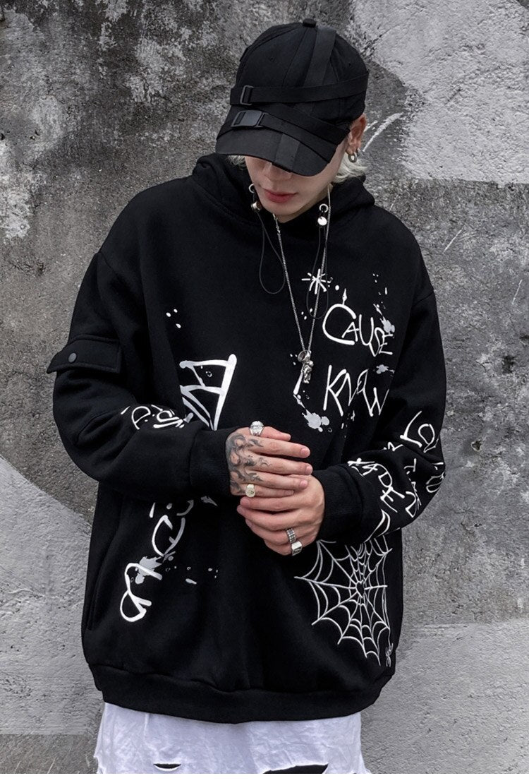 Hoodie Men Harajuku Letter Inkjet Heart-shaped Net Print Pullovers