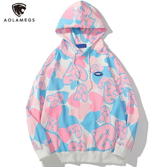 Hoodies Men Hear-shaped Hit Color Graffiti Full Print Pullovers