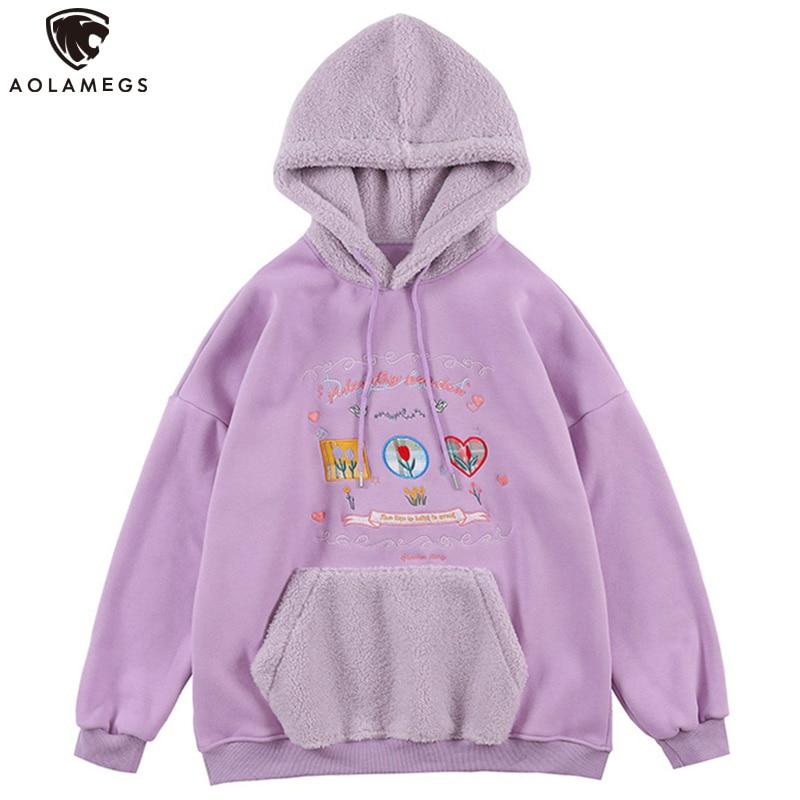 Hoodie Men Furry Patchwork Big Pockets Letter Graphic  Embroidery