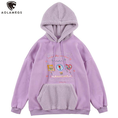 Hoodie Men Furry Patchwork Big Pockets Letter Graphic  Embroidery