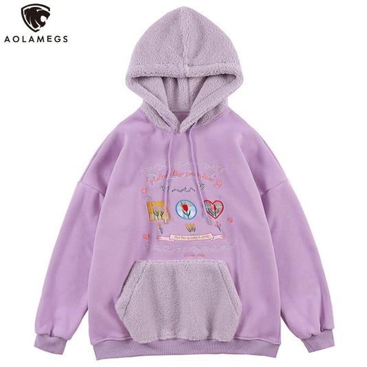 Hoodie Men Furry Patchwork Big Pockets Letter Graphic  Embroidery