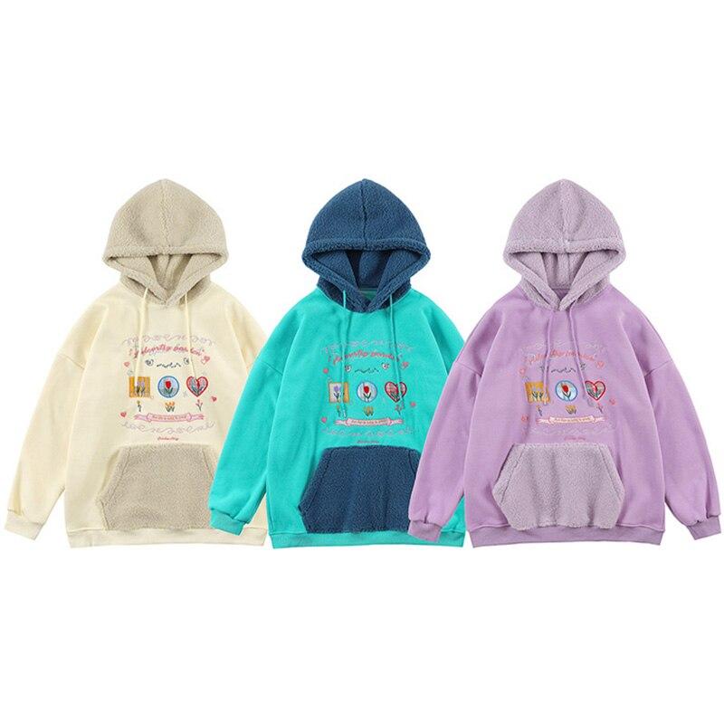 Hoodie Men Furry Patchwork Big Pockets Letter Graphic  Embroidery