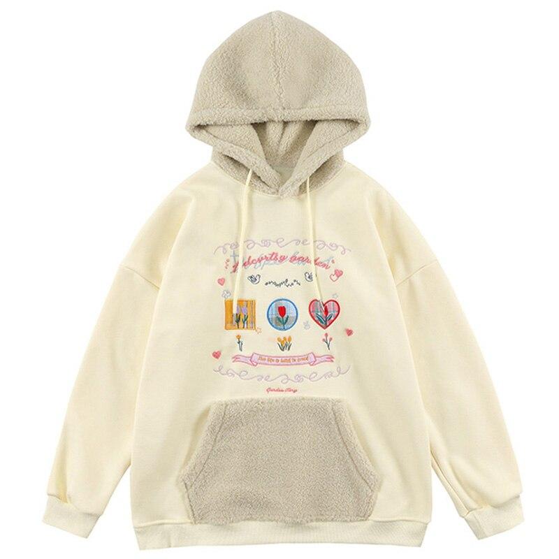 Hoodie Men Furry Patchwork Big Pockets Letter Graphic  Embroidery