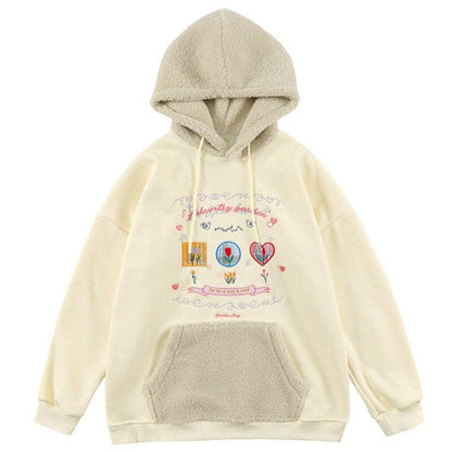 Hoodie Men Furry Patchwork Big Pockets Letter Graphic  Embroidery