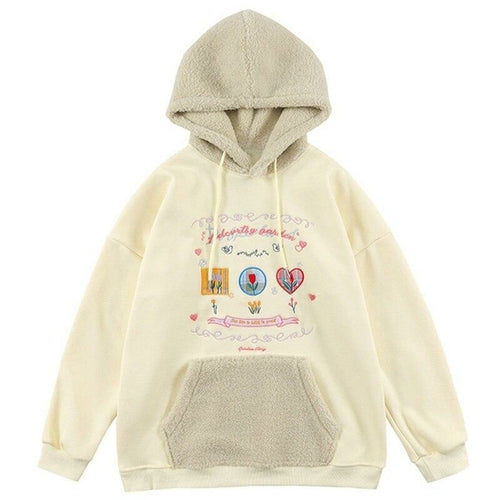 Hoodie Men Furry Patchwork Big Pockets Letter Graphic  Embroidery