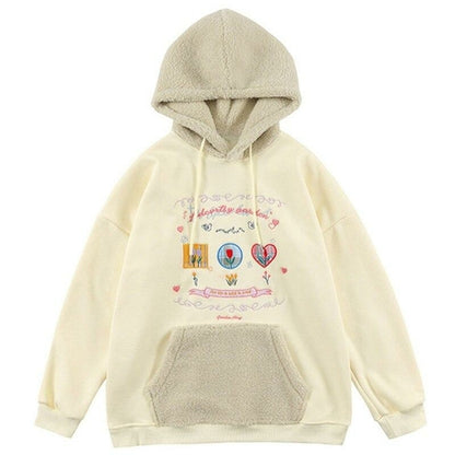 Hoodie Men Furry Patchwork Big Pockets Letter Graphic  Embroidery