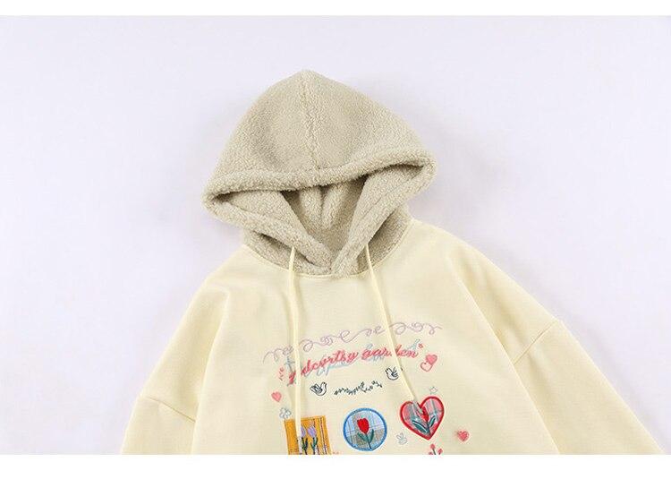 Hoodie Men Furry Patchwork Big Pockets Letter Graphic  Embroidery